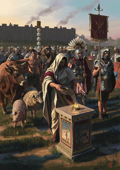 Ancient Warfare issue 105: The scene depicts a tribunus militum from a vexillation of Legio II Augusta leading a rite of suovetarilia outside the fort at Bridgeness on the Antonine Wall in AD 142.